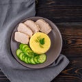 Plate with mashed potatoes, boiled meat and cucumber salad. Proper healthy diet for weight loss. Convalescence diet.