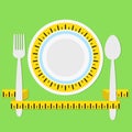 Plate with measuring tape, fork and spoon on green background wi