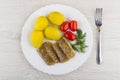 Plate with meat aspic, boiled potatoes, tomatoes, dill and fork