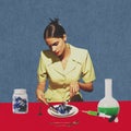 A plate of medical pills on pop art background. A woman cuts the pills with a knife and pricks them on a fork. The