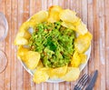 Plate of mexican chips with guacamole and glass beer closeup Royalty Free Stock Photo