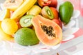 Plate of mixed exotic fruit on the kitchen table