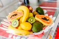 Plate of mixed exotic fruit on the kitchen table