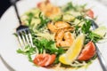 Plate with mixed shrimps salat. Dish with prawns , arugula, tomato and cheese. Delicious healthy meal Royalty Free Stock Photo