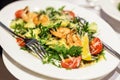 Plate with mixed shrimps salat. Dish with prawns , arugula, tomato and cheese. Delicious healthy meal Royalty Free Stock Photo