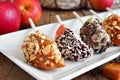 Plate of mixed sweet caramel and chocolate dipped apple slices