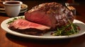 A plate of mouthwatering and tender roasted prime rib with au jus Royalty Free Stock Photo