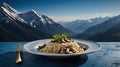 Mouthwatering Mushroom Risotto with Mountain Views: An Elegant Culinary Experience. Royalty Free Stock Photo