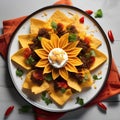 A plate of nachos that looks like a sunflower, with cheese petals and salsa center3