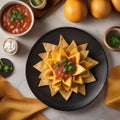 A plate of nachos that looks like a sunflower, with cheese petals and salsa center4