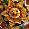 A plate of nachos shaped like a sun, with cheese rays and salsa swirls5