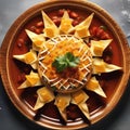 A plate of nachos shaped like a sun, with cheese rays and salsa swirls2
