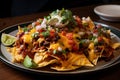 plate of nachos topped with different types of cheeses, chili and fresh garnishes
