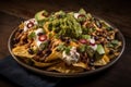 plate of nachos topped with different types of cheeses, chili and fresh garnishes