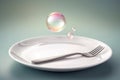A plate with nothing, soap bubbles flying over an epty plate, diet concept, weight loss, fast extreme diet. AI generated