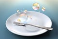 A plate with nothing, soap bubbles flying over an epty plate, diet concept, weight loss, fast extreme diet. AI generated