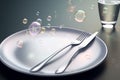 A plate with nothing, soap bubbles flying over an epty plate, diet concept, weight loss, fast extreme diet. AI generated