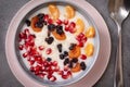 1 plate of oatmeal porridge with fruit slices, tangerine slices, raisins, dried apricots, pomegranate seeds on a gray background,