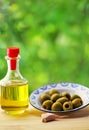 Plate of olives and oliveoil Royalty Free Stock Photo