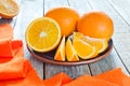 Plate with oranges on wooden table Royalty Free Stock Photo
