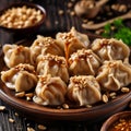 Delicious Dumplings With Creamy Peanut Sauce And Crunchy Peanuts