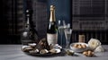 A plate of oysters and a bottle of champagne. AI generative image . French still life.