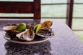 A plate of oysters served with lime