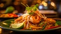 Plate of Pad Thai, vibrant, aromatic, spicy, AI generated