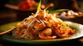 Plate of Pad Thai, vibrant, aromatic, spicy, AI generated