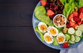 Plate with a paleo diet food. Boiled eggs, avocado, cucumber, nuts, cherry and strawberries. Royalty Free Stock Photo