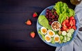 Plate with a paleo diet food. Boiled eggs, avocado, cucumber, nuts, cherry and strawberries. Royalty Free Stock Photo