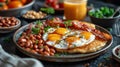 Plate of Pancakes, Beans, and Orange Juice