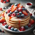 A plate of pancakes with blueberries, rasherries, strawberries and icing on top Royalty Free Stock Photo