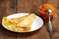 A plate with pancakes and a bowl with caviar on the table