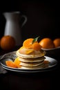 Plate of pancakes drizzled with maple syrup and topped with oranges, created with Generative AI technology.