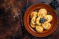 Plate with pancakes with fresh blueberries and syrup . Dark background. Top View. Copy space Royalty Free Stock Photo