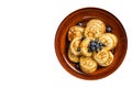 Plate with pancakes with fresh blueberries and syrup . High quality Isolate, white background. Royalty Free Stock Photo