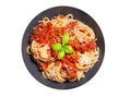 Plate of pasta bolognese on white background, top view Royalty Free Stock Photo