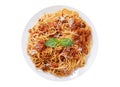 Plate of pasta bolognese on white background, top view Royalty Free Stock Photo