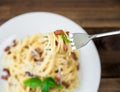 Plate of Pasta Carbonara and Spaghetti with bacon and parmesan cheese on a fork on old wooden table Royalty Free Stock Photo