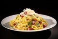 a plate of pasta with cheese and bacon