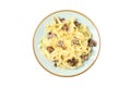 Plate with pasta cheese and mushrooms isolated on white background Royalty Free Stock Photo
