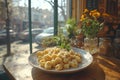 Creamy pasta dish cafe window view Royalty Free Stock Photo