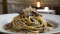 A plate of a pasta dish with truffle mushrooms and sauce on it, AI Royalty Free Stock Photo