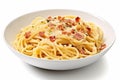 pasta bacon isolated background plate italian spaghetti carbonara lunch food cheese. Generative AI.