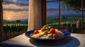 Delicious Pasta Dish with Sunset Vineyard View Royalty Free Stock Photo