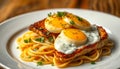Plate of pasta with meat and eggs on top Royalty Free Stock Photo