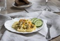 Plate with pasta and mussels fork napkin Royalty Free Stock Photo