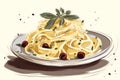 plate with pasta and seasonings and olives
