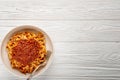 Plate pasta tagliatelle with BOLOGNESE SAUCE on white wooden background with copy space Royalty Free Stock Photo